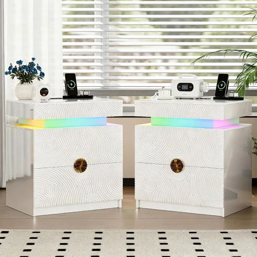 Miniatura 16 de WOOVIVS Juego de 2 mesitas de noche con carga inalámbrica y luces LED para dormitorio, mesita de noche con tablero de vidrio y diseño de 2 cajones