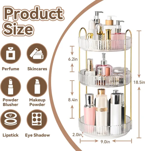 Miniatura 3 de Organizador de maquillaje giratorio de 360° para tocador, organizadores de perfumes de 3 niveles, organizadores de cuidado de la piel y Transparente