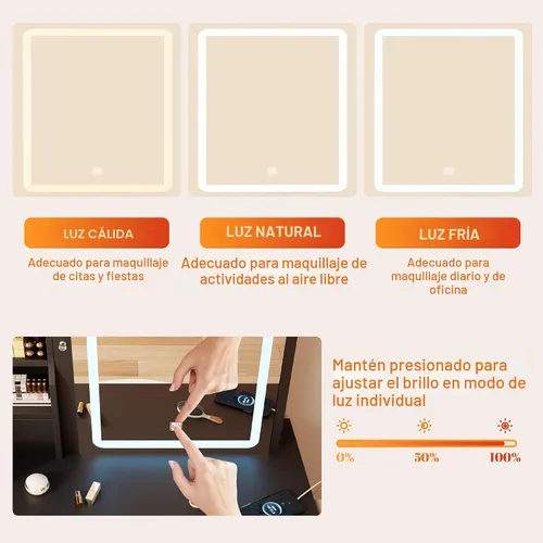Miniatura 3 de Escritorio de tocador con espejo y luces LED, juego de tocador de maquillaje con toma de corriente y taburete, almacenamiento de joyas, escritorio