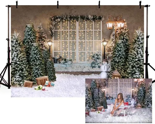 Miniatura 8 de MEHOFOND Fondo de fotografía de Feliz Navidad de 7 x 5 pies, lámpara de árbol de Navidad, ventana, telón de fondo de nieve, invierno, Navidad