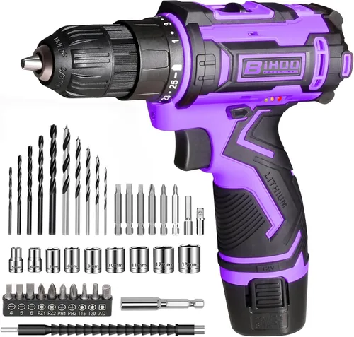 Miniatura 12 de Juego de Taladro Inalámbrico 12V, Kit de Taladro con Batería y Portabrocas sin Llave de 3/8 Pulgadas, 2 Velocidades Variables y 43 Piezas de Brocas