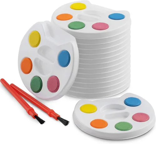 Mini juego de pintura para niños de acuarela (paquete a granel de 12) - 5 pinturas de acuarela, bandeja de paleta y pincel de pintura, para