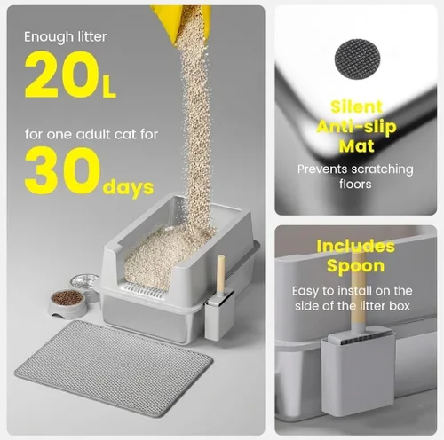 Miniatura 2 de Caja de arena de acero inoxidable para gatos - Caja de arena XL de metal cerrada con tapa para gatos grandes, de lados altos, anti-fugas, fácil