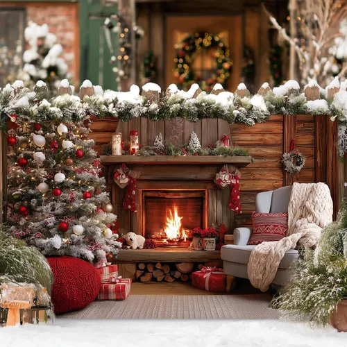 Miniatura 6 de HOMETITUTE Cartel navideño para chimenea de 71 x 43 pulgadas, acogedor telón de fondo navideño con adornos para árbol de Navidad, fondo cálido fuego