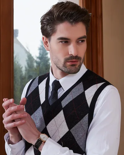 Miniatura 4 de Kallspin Suéter tipo chaleco con rombos para hombre, mezcla de lana, cuello en V, sin mangas