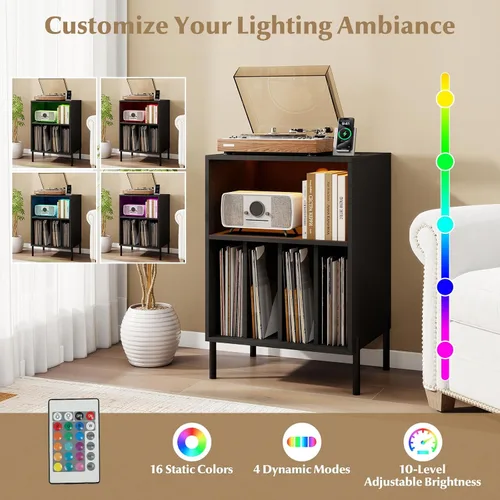 Miniatura 7 de LOKO Soporte para tocadiscos con luces LED, soporte para tocadiscos con estación de carga, soporte de almacenamiento de vinilo con patas de metal