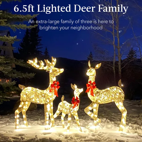 Miniatura 2 de Best Choice Products Juego familiar de ciervos de Navidad grandes iluminados de 6.5 pies, 3 piezas, decoración de patio al aire libre con 385 luces