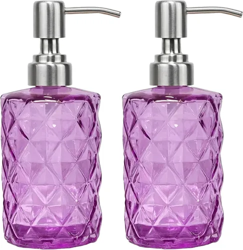 Miniatura 18 de Dispensador de jabón verde de 14 onzas para baño, paquete de 2, dispensadores de jabón de manos de vidrio transparente con bomba de acero