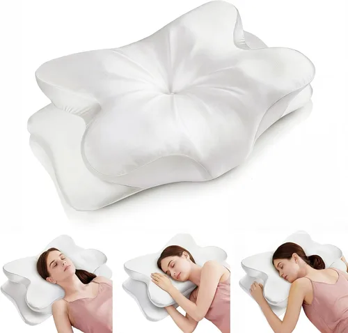 Miniatura 12 de Almohada cervical para el cuello para aliviar el dolor de cuello, almohada ergonómica de contorno de espuma viscoelástica con funda de tela de satén
