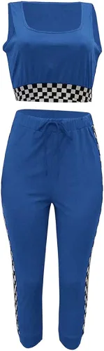 Miniatura 3 de SCORP Conjunto de 2 piezas para mujer con cuello redondo y pantalones ajustados con cordón, Azul Patchwork, M