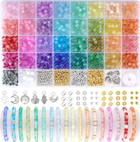 Miniatura 9 de 1368 piezas de cuentas de vidrio de 6 mm para pulseras, 34 colores de cuentas de cristal para hacer joyas, cuentas redondas de vidrio Funtopia