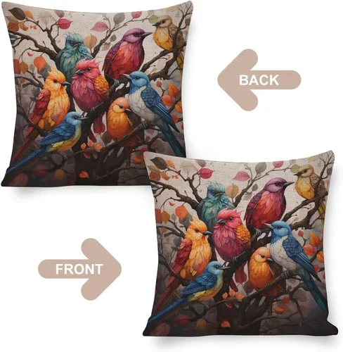 Miniatura 3 de Fundas de almohada coloridas con diseño de grupo de pájaros en un árbol, fundas de almohada frescas con pintura al óleo de pájaros en rama de árbol