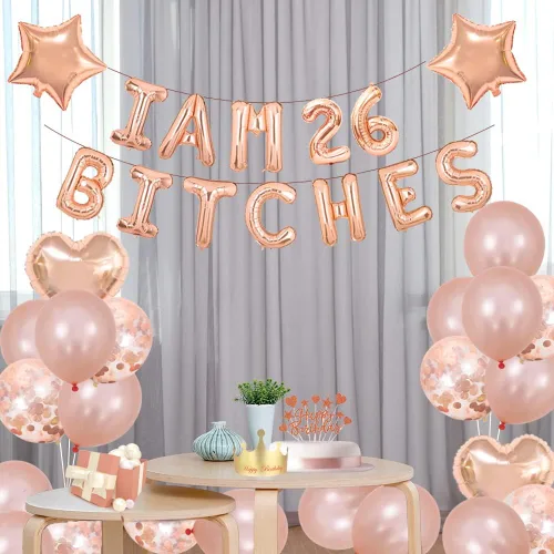Miniatura 3 de Juego de fiesta de cumpleaños número 26, con texto en inglés "I am 26 Bitches" (Soy 26 Bitches), globos de confeti de oro rosa para niñas de 26 años
