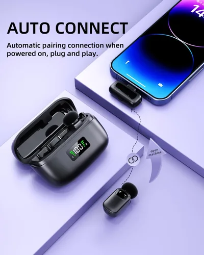 Miniatura 2 de T1 mini micrófono inalámbrico Lavalier para iPhone/Android/iPad, reducción de ruido de 3 niveles, duración de la batería de 30 horas, cambiador