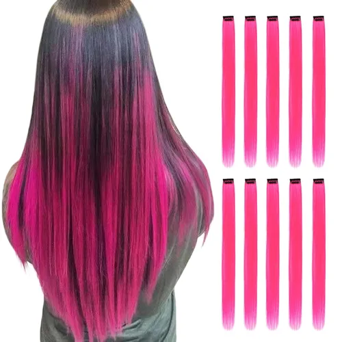Miniatura 15 de Extensiones de cabello negro con clip, 10 piezas de 22 pulgadas de largo, rectas de colores lisos, accesorios sintéticos, extensiones con clip