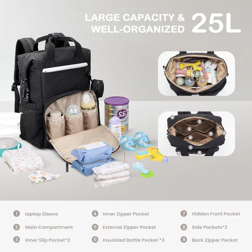 Miniatura 3 de VONAL Mochila para pañales, bolsas ligeras para pañales para bebé, bolsa de pañales grande de viaje con cambiador, mochila de pañales negra