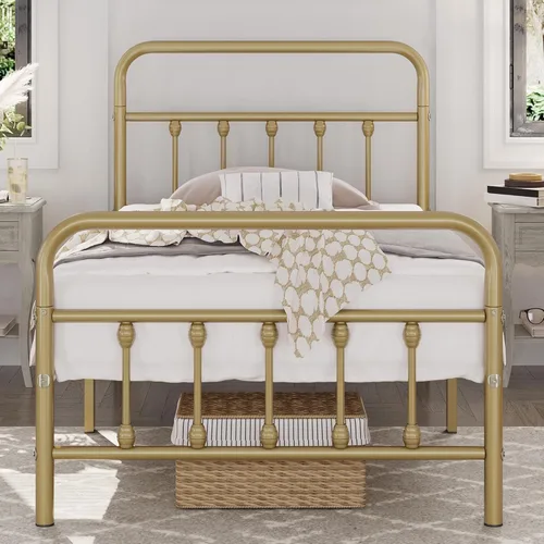 Miniatura 12 de Yaheetech Base de cama clásica de metal con base de colchón con estilo victoriano, cabecera, estribo, almacenamiento debajo de la cama, no necesita