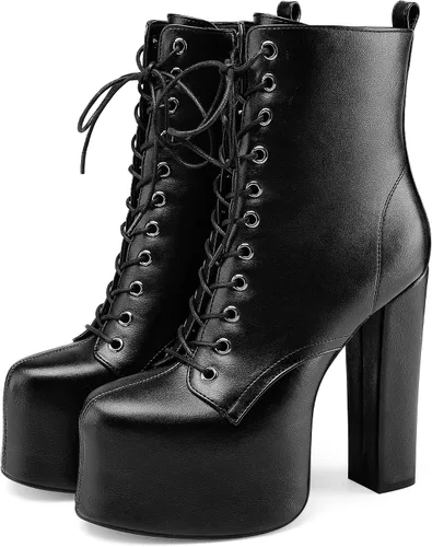 Miniatura 3 de Perisis Botines de plataforma de tacón alto grueso para mujer, botines de tacón con cordones de cuero a la moda con cremalleras