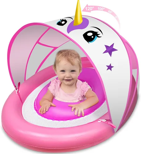 Flotador para bebé con toldo, protección solar UPF50+, cámaras de aire duales, flotador inflable para piscina para bebés de 6 a 36 meses, flotador