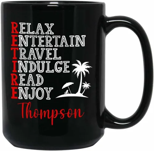 Miniatura 9 de Taza de café negra de jubilación personalizada, Jubilado está bajo nueva gestión, mira a la esposa para más detalles, taza de té de 11 15 onzas