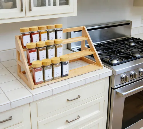 Miniatura 5 de Organizador de estante de especias de nivel de bambú: Organizador de tarros de especias de encimera de armario de cocina de 17.5 pulgadas de ancho