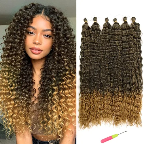 Miniatura 33 de MAYSA Extensiones de cabello sintético de ganchillo con ondas oceánicas, color 4 marrón, 22 pulgadas, rizado trenzado, extensiones de cabello