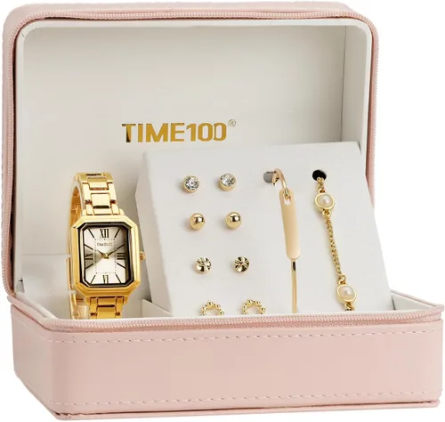 Miniatura 4 de TIME100 Juego de reloj rectangular para mujer con pulsera, cadena y 4 pares de aretes, caja de regalo rosa con cremallera W50893L