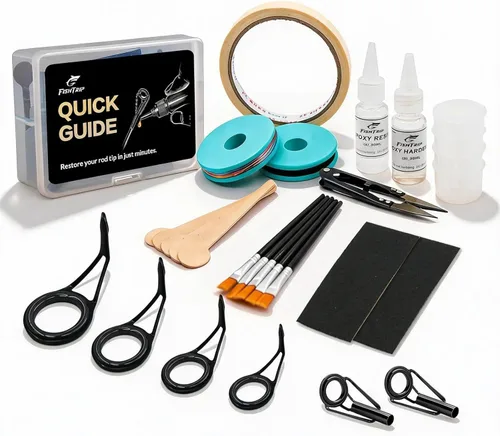 Miniatura 8 de Kit de reparación de puntas de caña de pescar, kit completo de suministros de repuesto con 8 guías de caña de tamaño, 9 puntas de tamaño, adhesivo