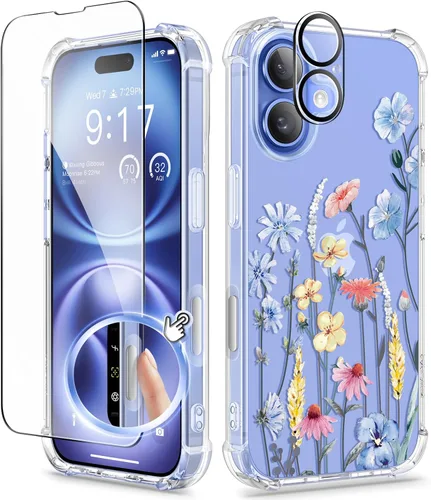 Miniatura 77 de GVIEWIN - Funda floral para iPhone 14 de 6.1 pulgadas, protector de pantalla + protector de lente de cámara, no se amarillenta, a prueba de golpes