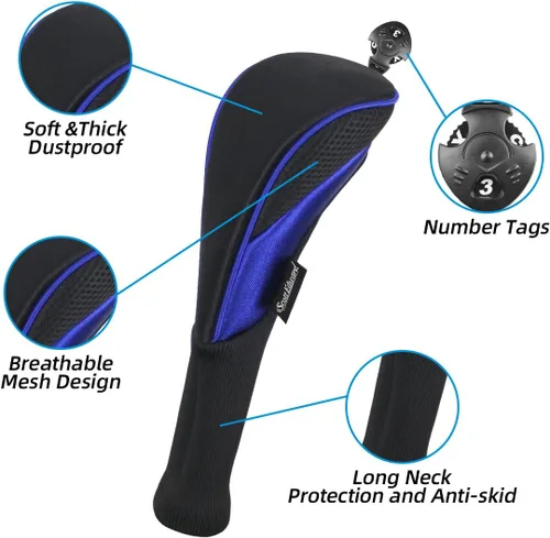 Miniatura 5 de Scott Edward Juego de 3 fundas para cabezas de palos de golf para Fairway Driver de madera híbrida, cuello largo de malla con etiquetas mixto