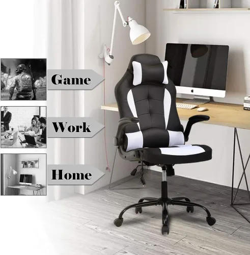 Miniatura 2 de Silla de juegos de oficina de carreras, silla de escritorio ejecutiva de respaldo alto con reposacabezas, soporte lumbar de masaje, color negro