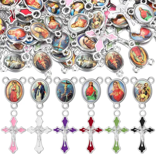 Miniatura 8 de 100 piezas de suministros para kits de fabricación de rosario, medallas con cruz y centro, dijes de aleación, crucifijos con imágenes religiosas