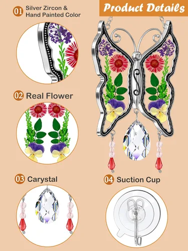 Miniatura 3 de KY&BOSAM - Atrapasoles de mariposa para mamá, regalos de cristal para ventanas, carillón de viento con alas de flores prensadas auténticas con dije