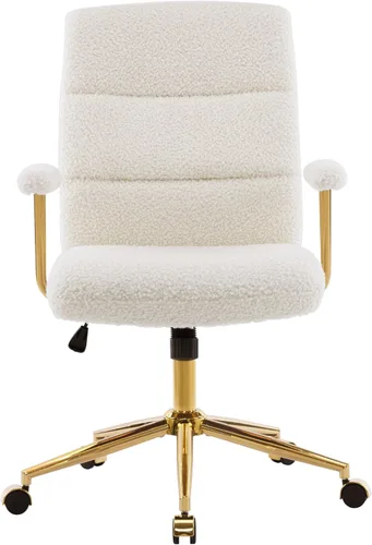 Miniatura 5 de Elegante silla de oficina mullida blanca y dorada con tela texturizada Boucle, moderna silla de escritorio con asiento acolchado, altura ajustable
