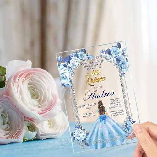 Avior Invitación de Quinceañera Vestido Azul Bebé Invitación de Vidrio Acrílico, Mis Membrillo, Dulce 15, Dulce 16, Diseño Floral, XV Años, 15 años,