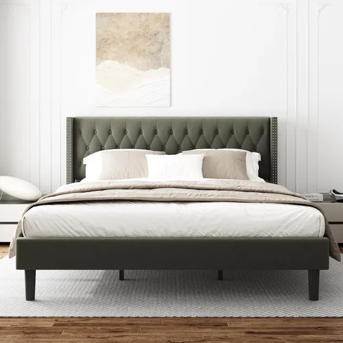 Miniatura 8 de HAOARA Base de cama de tamaño matrimonial, plataforma tapizada con cabecera con respaldo de ala, botón de terciopelo, fácil montaje, no necesita