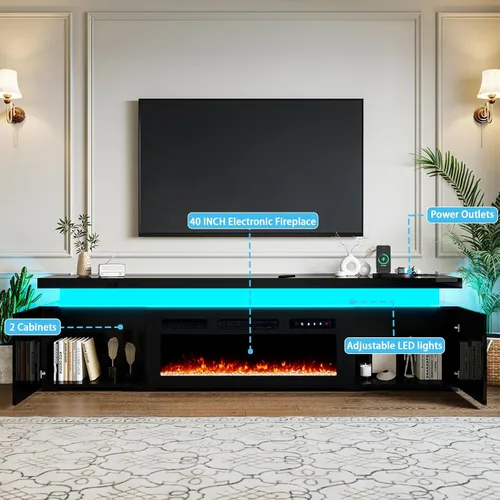 Miniatura 2 de Soporte de TV moderno con chimenea eléctrica de 87 pulgadas con luces LED de chimenea de 40 pulgadas y toma de corriente para televisores de hasta