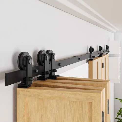 Miniatura 2 de Kit de rieles de puerta de granero biplegable de 96 pulgadas adecuado para 8 paneles de puerta, nuevo estilo acordeón, resistente y suave, fácil