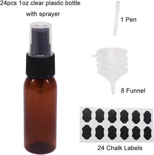 Miniatura 4 de Paquete de 24 botellas de plástico ámbar para aceite esencial, perfume, aromaterapia, alcohol, botellas de viaje con pulverizador de niebla fina