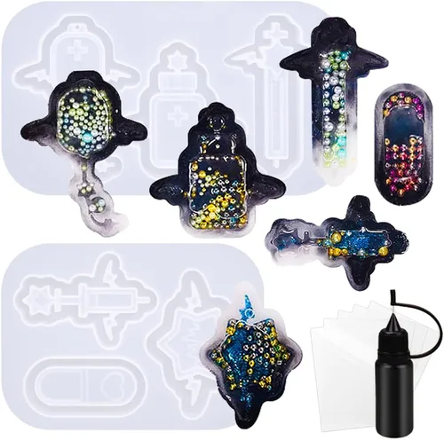 Miniatura 21 de Juego de moldes agitadores de resina, suministros de fundición de joyería epoxi, máquina de garras, camión de postres, consola de juegos, oso