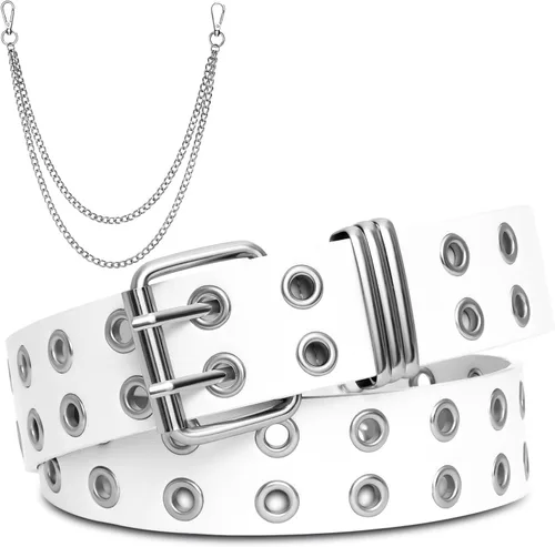 Miniatura 15 de FIORETTO Cinturón de cuero con ojales y cadena desmontable para mujeres y hombres, cinturones de cintura punk rock para pantalones vaqueros