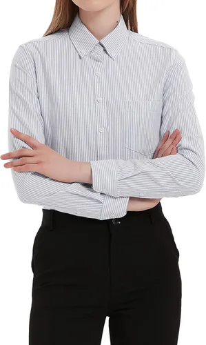 Miniatura 8 de Camisa con botones para mujer de manga larga Oxford camisa de algodón de corte clásico, blusa de trabajo resistente a las arrugas
