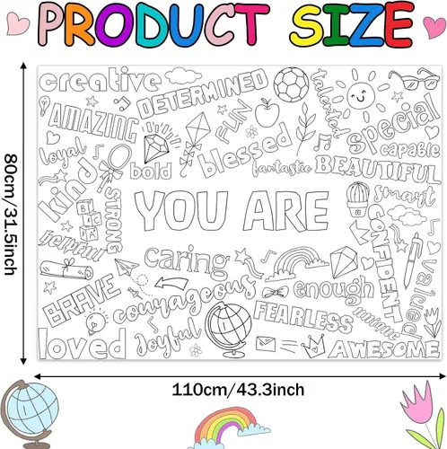 Miniatura 2 de Naozinebi Póster para colorear positivo para niños, póster gigante con texto en inglés "You Are Coloring", gran afirmaciones positivas, mantel