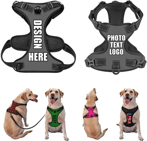 Miniatura 9 de Arnés para perro personalizado con nombre y número de teléfono, chaleco personalizado para perro, arnés reflectante ajustable para mascotas, beige, S