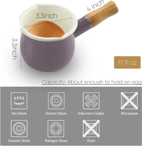 Miniatura 4 de Mini Olla de Leche Esmaltada de 0.6 Cuartos Mango de Madera Aislado 2 Picos Vertedores Calentador de Alimentos Pequeño Cacerola Bonita (D015, Morado)