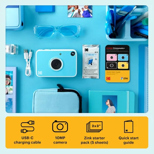 Miniatura 4 de Kodak Printomatic+ Paquete de inicio de cámara digital de impresión instantánea + funda de transporte + papel fotográfico Zink con parte trasera Azul