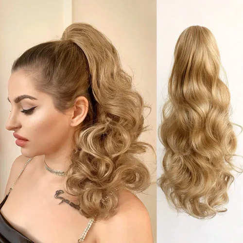 Miniatura 29 de Extensión de cola de caballo ondulada y rizada de 20 pulgadas de largo, peluca sintética de cola de caballo falsa con clip, extensiones de cabello
