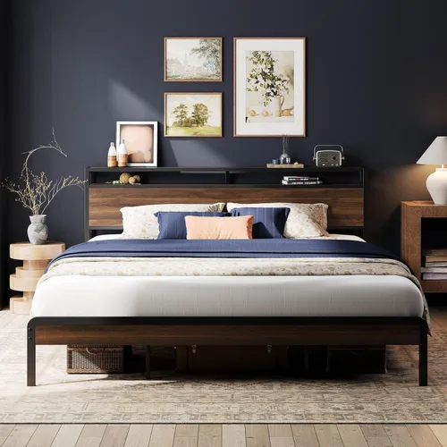 Miniatura 31 de LIKIMIO Marco de Cama King con Cabecero, Marco de Cama King de Madera Oscura con Soportes Fuertes, Resistente, Sin Ruido, No Necesita Somier, Nogal