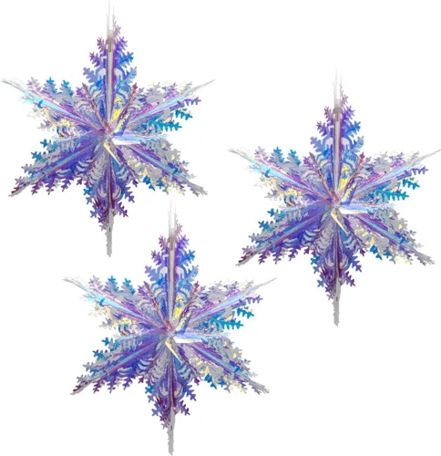 Miniatura 4 de Paquete de 3 adornos holográficos colgantes de estrella de 6 puntos, adorno decorativo de techo de lámina blanca iridiscente brillante para decorar