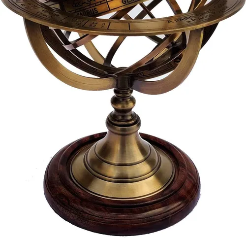 Miniatura 3 de Globo de esfera armilar de latón antiguo de 11 pulgadas, astrolabio del zodiaco, grabado con base de madera